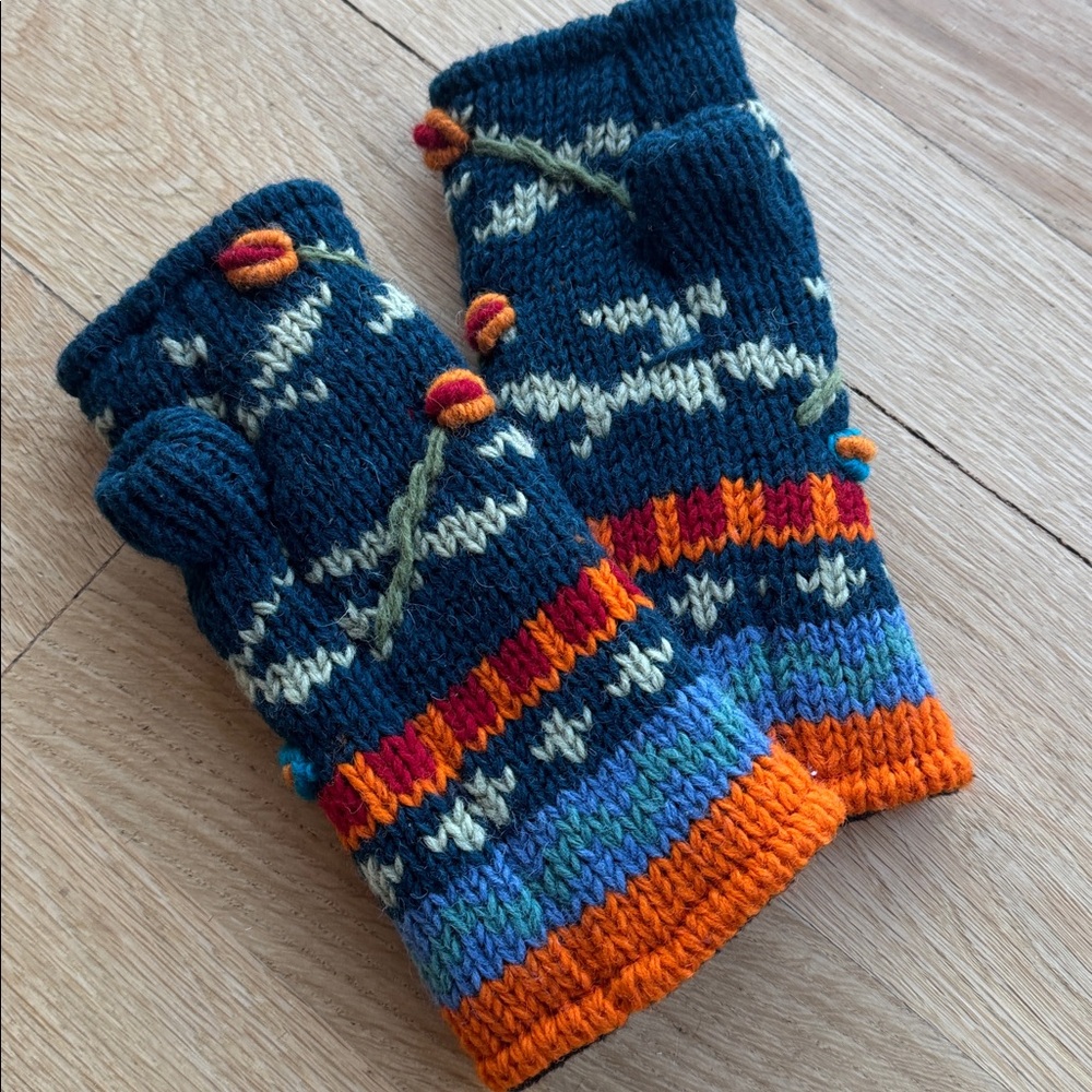 Colorful Hand Knit 100% Wool Fingerless Gloves Arm Warmers One Size - Picture 3 of 16
